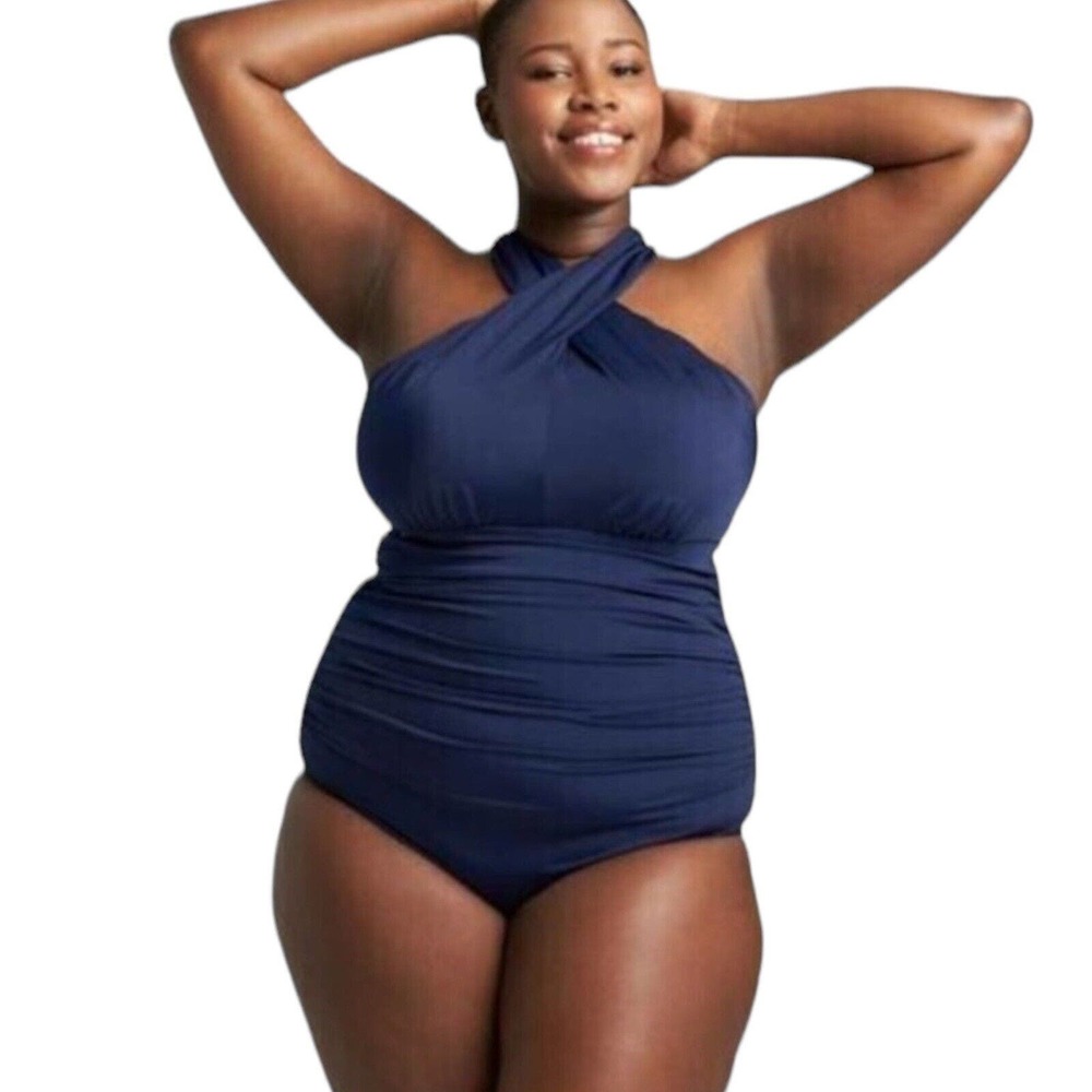 Swim By Cacique Plus Size 18 Navy Blue no wire crossover neck one piece swimsuit